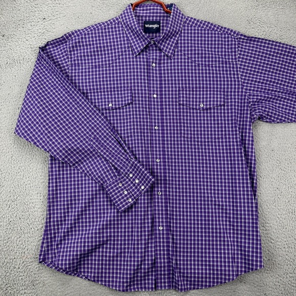 Wrangler Shirt Western Mens 2XL Purple Plaid Pearl Snap Cowboy Rodeo Flap Pocket